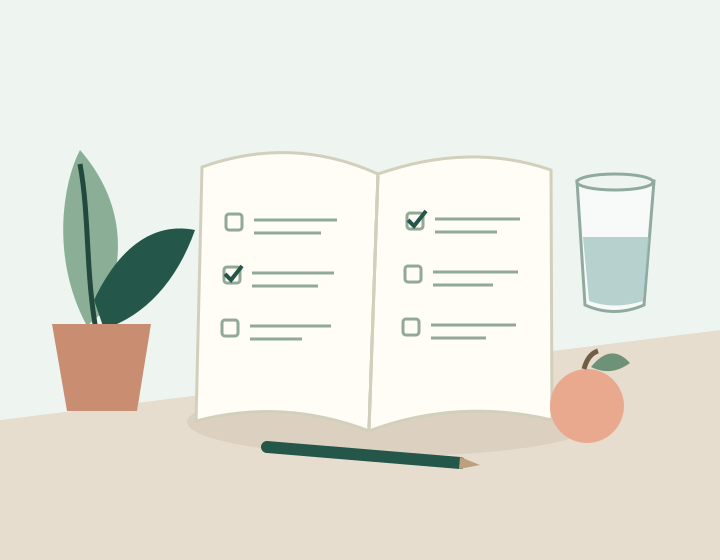 An open weekly notebook, water, fruit and a leafy plant on a calm desk.